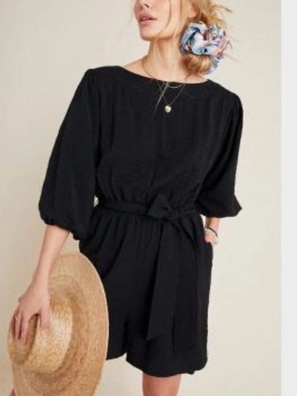 Anthropologie Black Belted Romper with Puff Sleeves, Size Large, EUC